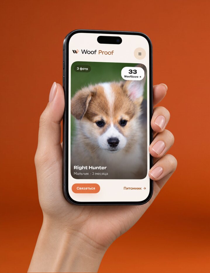 Рука держит телефон с карточкой щенка на WoofProof